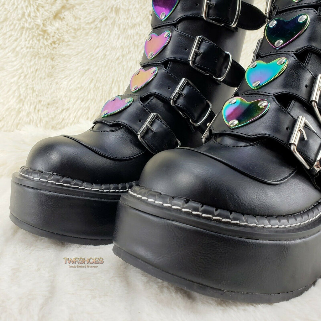 Demonia Emily 330 Black Matte 2" Platform Metal Heart Plate Combat Boots 6-12 NY - Totally Wicked Footwear