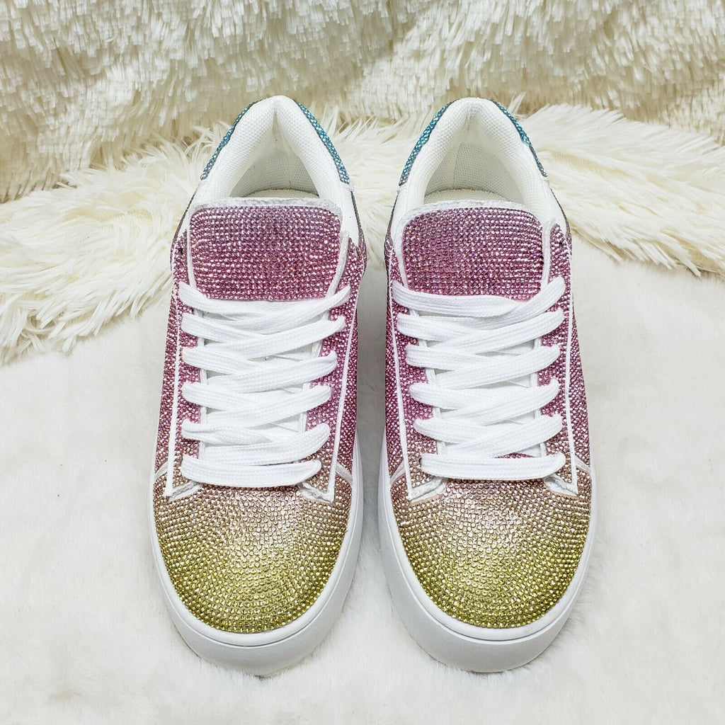 CR Diamond Queen Pastel Ombre Rhinestone Lace Up Platform Bling Sneakers - Totally Wicked Footwear