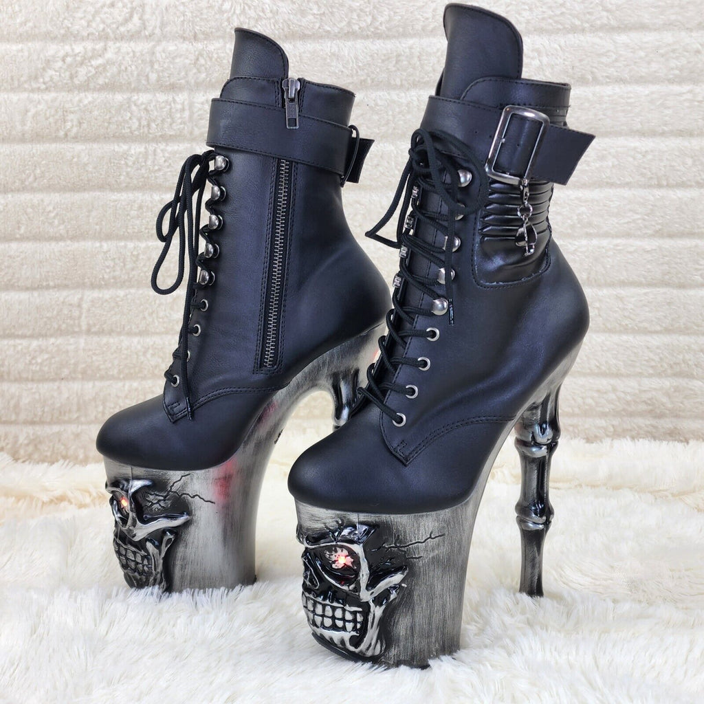 Rapture Brushed Skull & Bones 8" High Heel Platform Ankle Boots Lighted Eyes NY - Totally Wicked Footwear