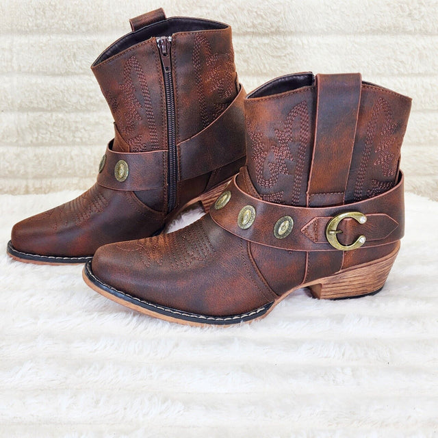 Wild West Brown Distressed Western Cowgirl Pull On Ankle Boots - Totally Wicked Footwear