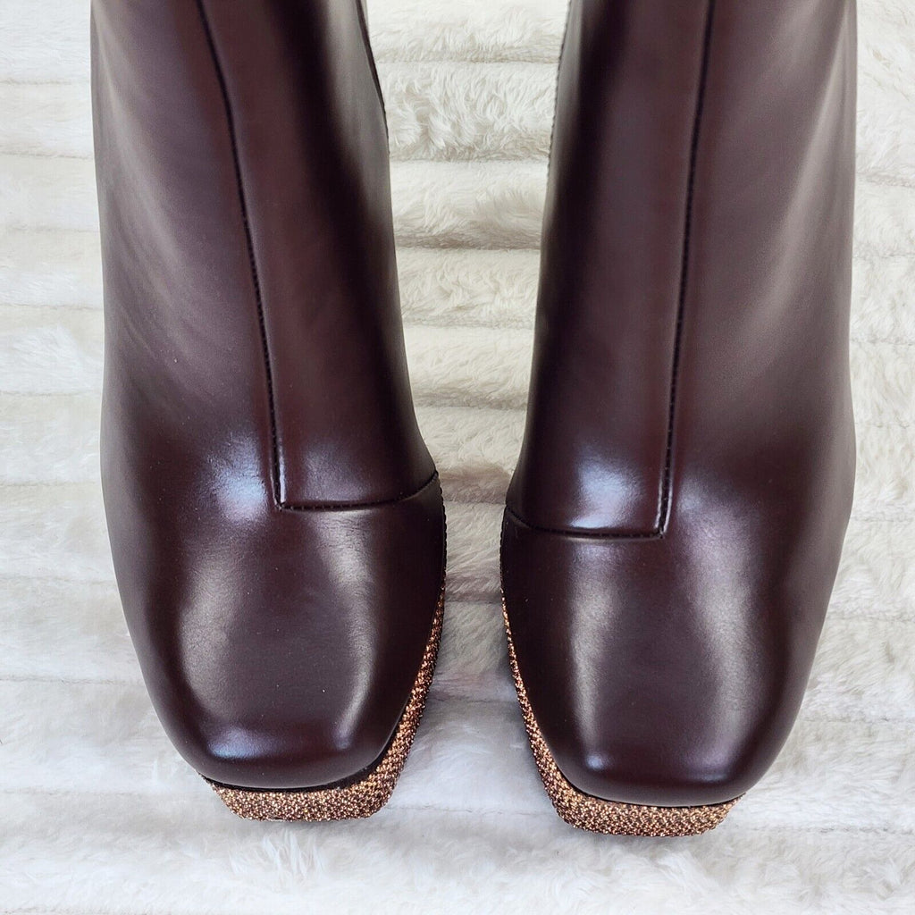 Nikki Brown Leatherette Rhinestone Platform Chunky Heel Ankle Boots - Totally Wicked Footwear