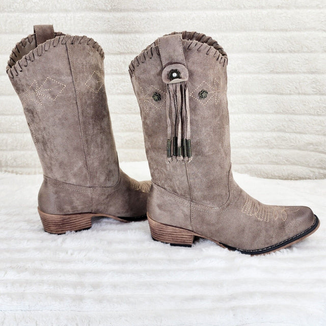 Prairie Girl Taupe Distressed Tassel Cowboy Cowgirl Pull On Mid Calf Boots - Totally Wicked Footwear