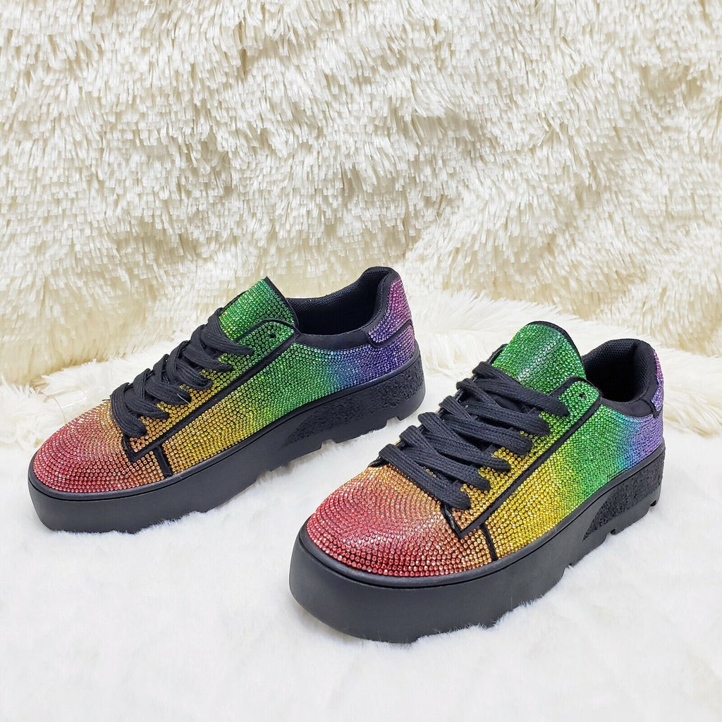 CR Diamond Queen Rainbow Rhinestone Lace Up Platform Bling Sneakers - Totally Wicked Footwear