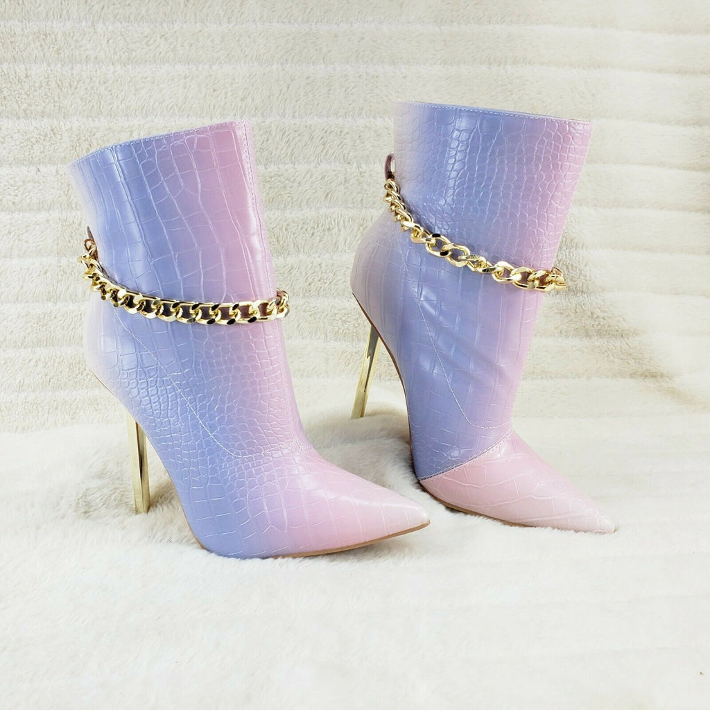 Venomous Pink Lilac Pointy Toe Spike Stiletto Heel Ankle Boots Gold Tone Chain - Totally Wicked Footwear