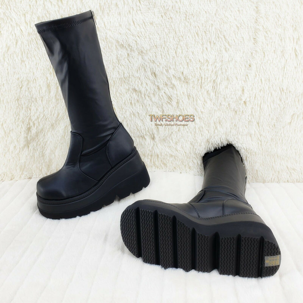 Demonia Shaker 65 Black Matte Platform 4.5" Wedge Heel Knee Boots NY - Totally Wicked Footwear