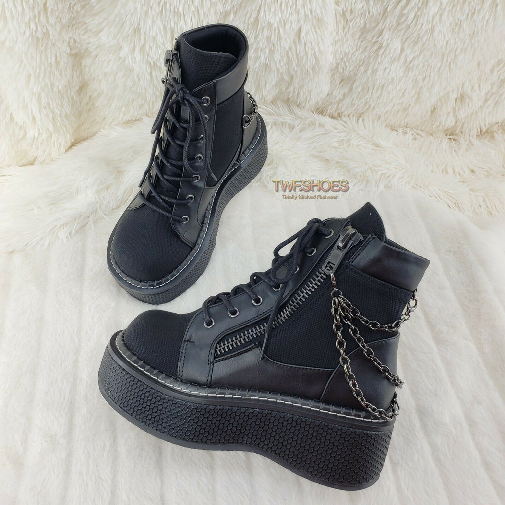 Demonia Emily 114 Black Canvas Chain 2" Platform Punk Goth Ankle Boots NY - Totally Wicked Footwear