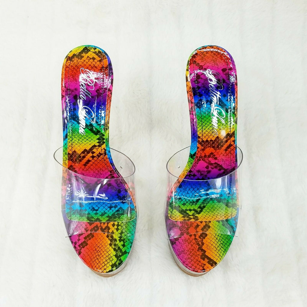 Cloud Clear Platform 6" High Heels Rainbow Snake Foot-bed Slip On Mule - Totally Wicked Footwear