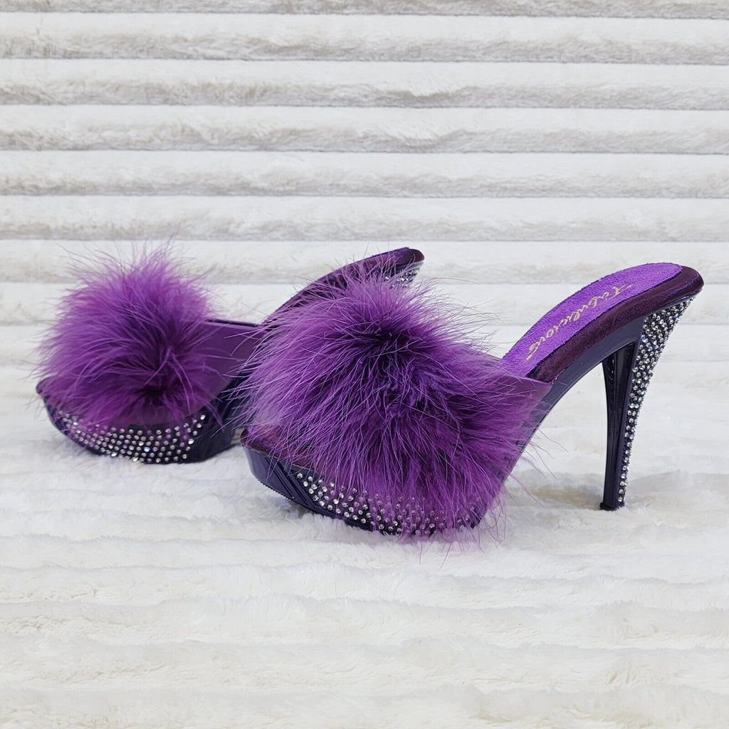 Elegance Marabou Feather Slip On Platform Sandals 5" Stiletto Heel Shoes Purple - Totally Wicked Footwear