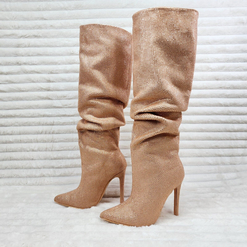 Radiant Nude Beige Rhinestone High Heel Stiletto Slouch Knee High Boots - Totally Wicked Footwear