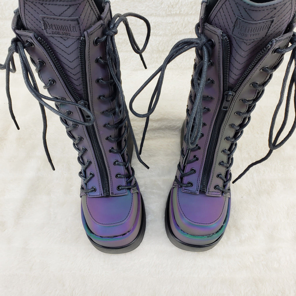 Void Purple Green Reflective Platform Wedge Mid Calf Boots IN HOUSE NY Demonia - Totally Wicked Footwear