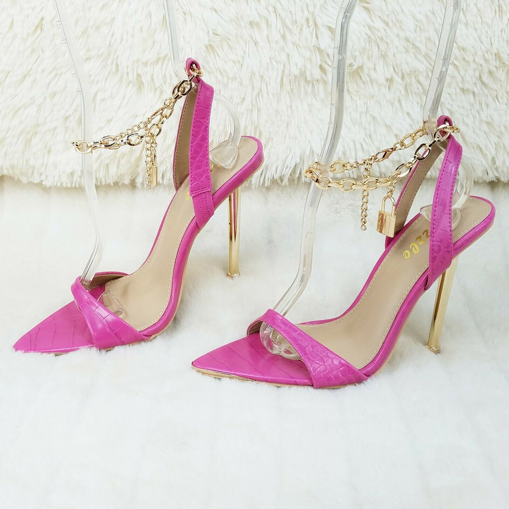 Nicely Pad Lock Chain Strap High Heels Metal Toe Tip Shoes Fuchsia Pink - Totally Wicked Footwear
