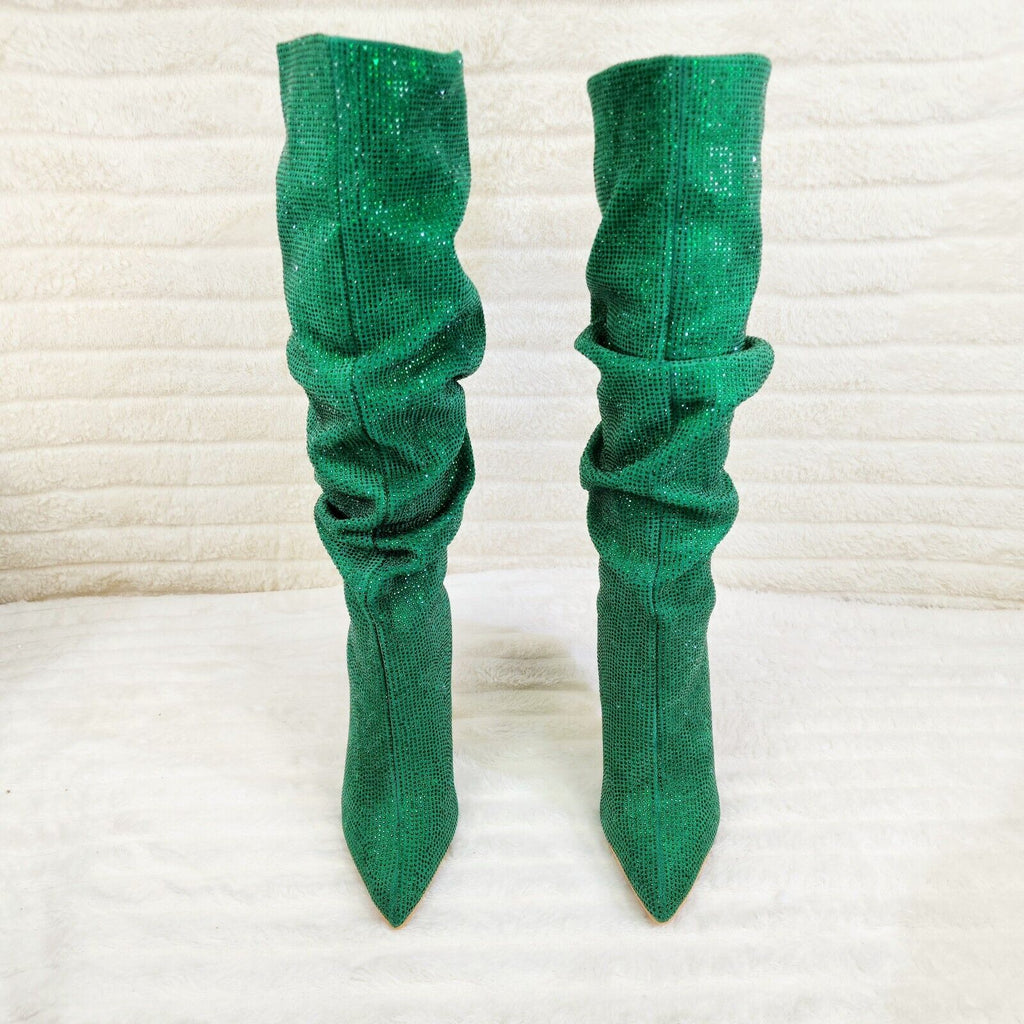 Radiant Emerald Green Rhinestone High Heel Slouch Knee High Boots - Totally Wicked Footwear