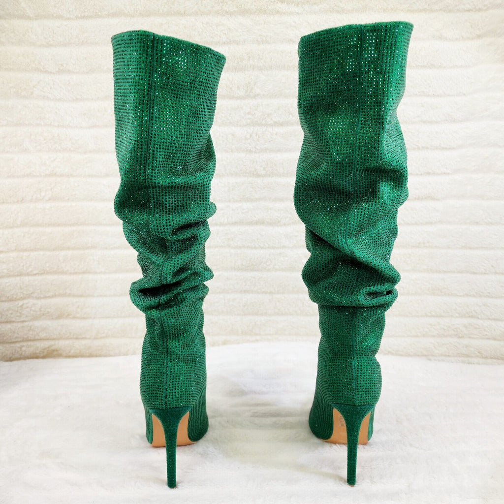 Radiant Emerald Green Rhinestone High Heel Slouch Knee High Boots - Totally Wicked Footwear