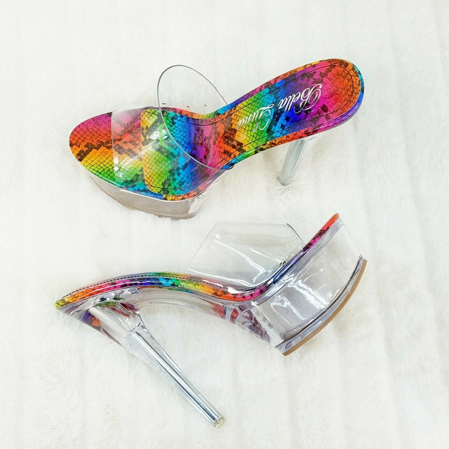 Cloud Clear Platform 6" High Heels Rainbow Snake Foot-bed Slip On Mule - Totally Wicked Footwear