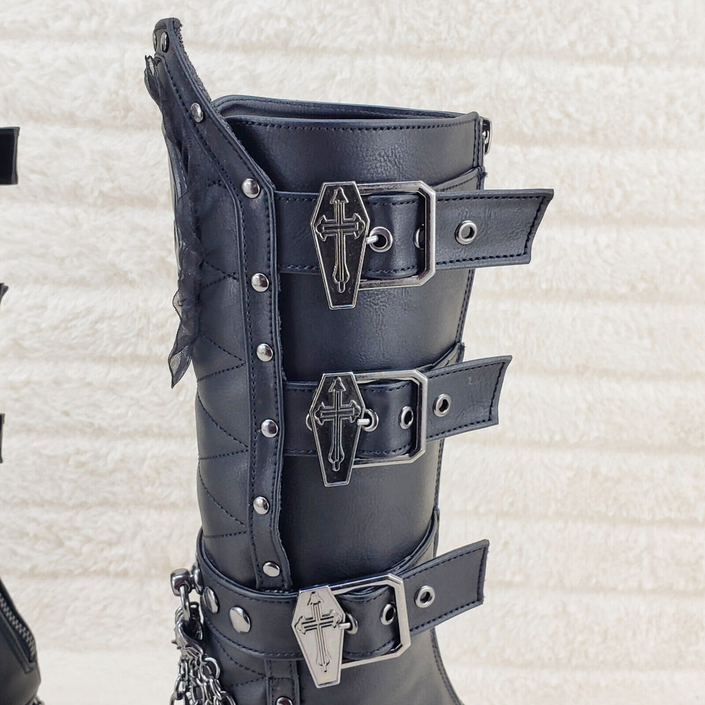 Crypto 67 Coffin Skull & Chain Black Mid Calf Platform Heel Gothic Boots NY - Totally Wicked Footwear