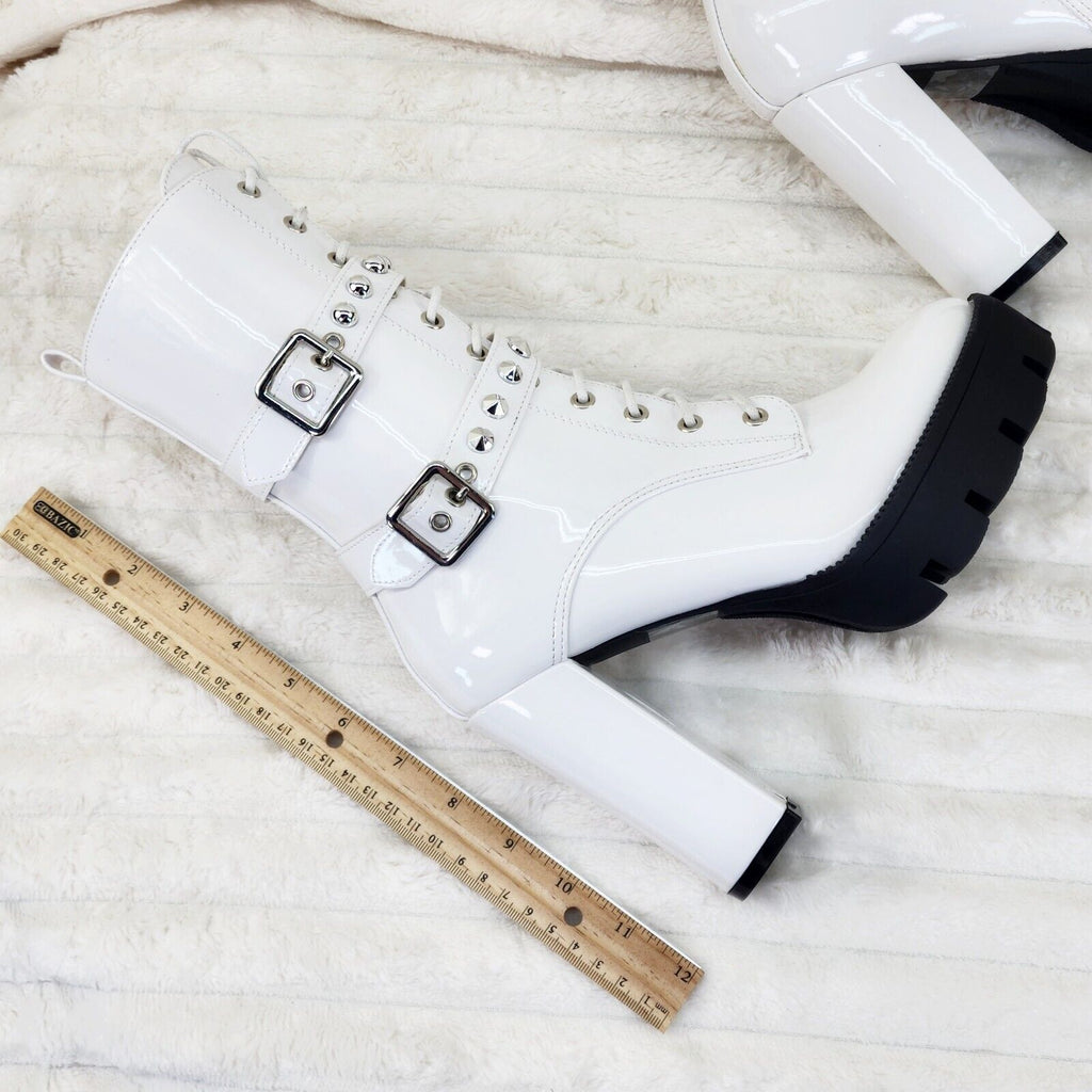 Bright White Patent Lug Sole Studded Strap Ankle Boots Temptress - Totally Wicked Footwear