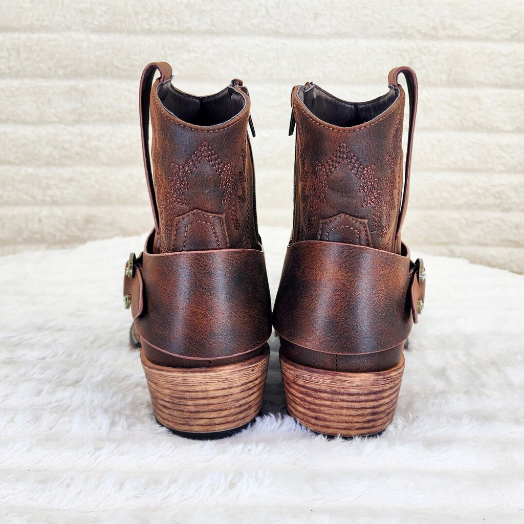 Wild West Brown Distressed Western Cowgirl Pull On Ankle Boots - Totally Wicked Footwear