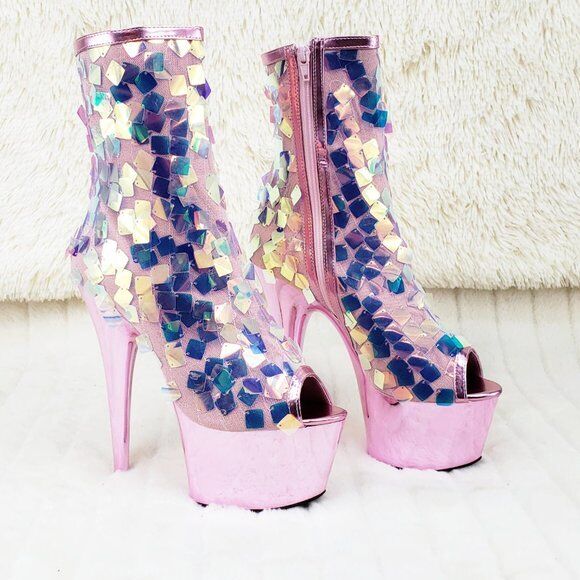 Delight 1031SQ Pink Opal Sequin Ankle Boot 7" High Heel Shoe Sizes 11 & 12 NY - Totally Wicked Footwear