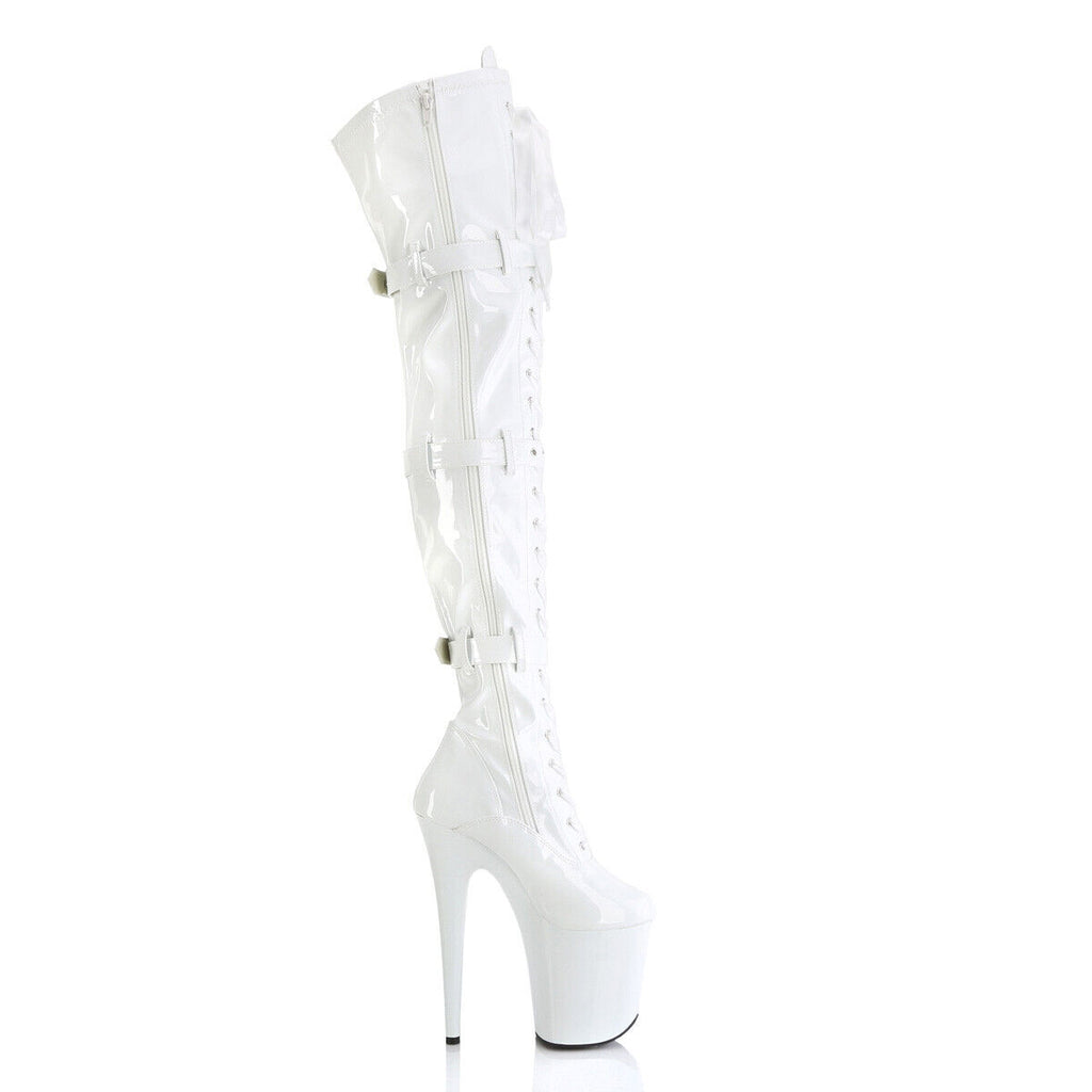 Flamingo 3028 Triple Buckle Thigh High Platform Torment Boot White Patent NY - Totally Wicked Footwear