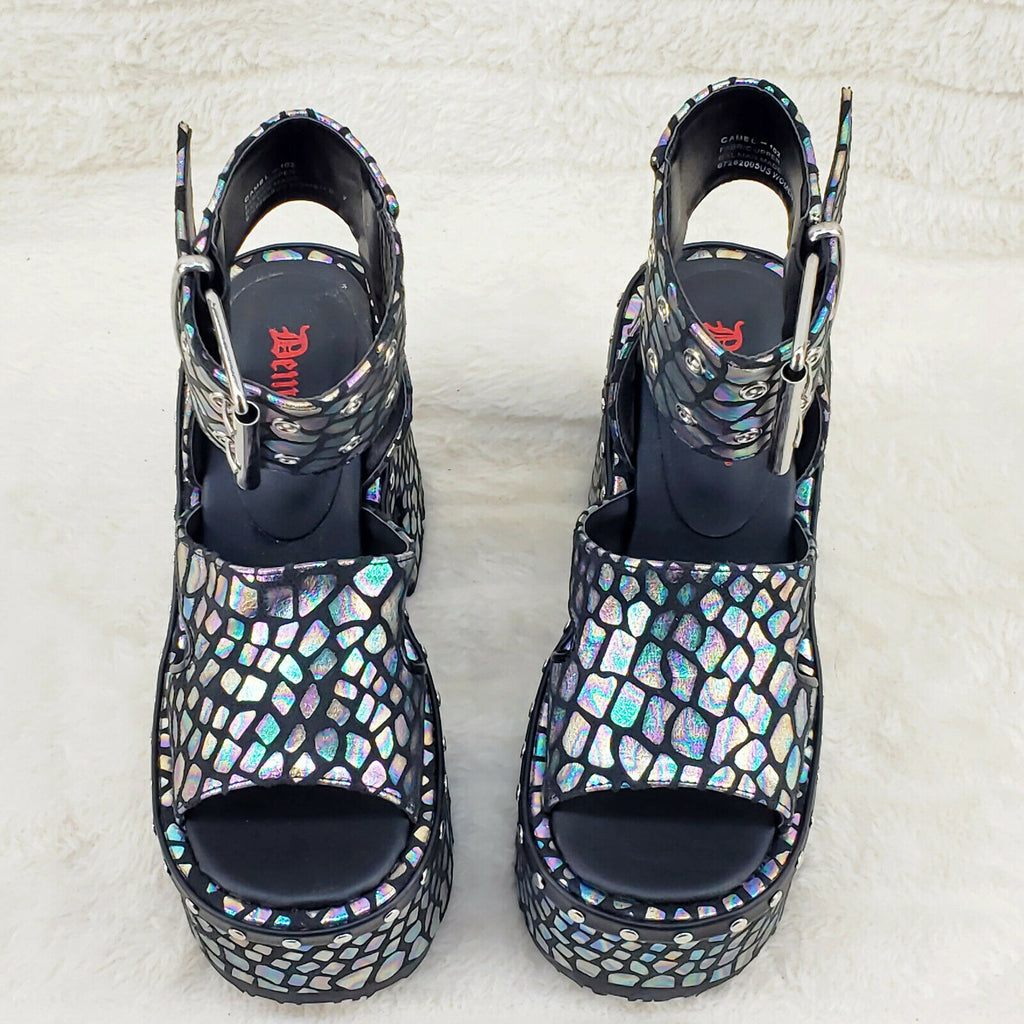 Camel 102 Stacked Black Hologram Platform Sandals Goth Punk 6-12 NY Demonia - Totally Wicked Footwear