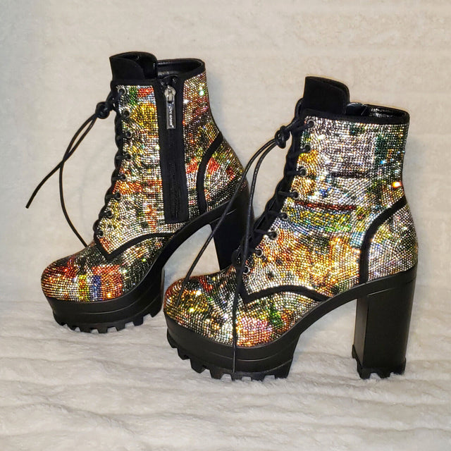 News Story Multi Sparkle Rhinestone Lug Sole Chunky High Heel Ankle Boots - Totally Wicked Footwear