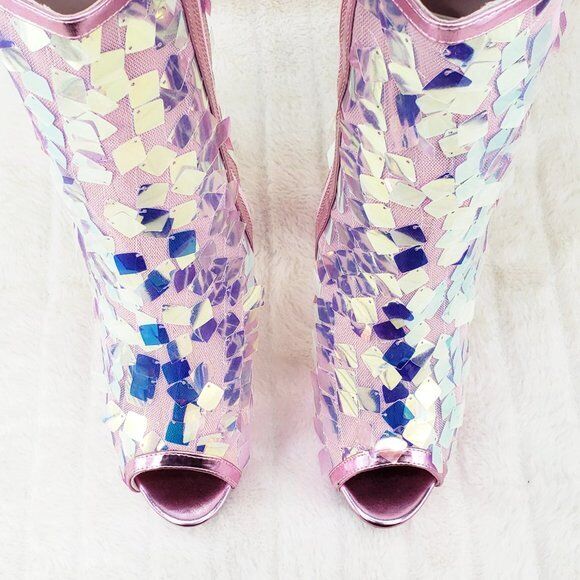 Delight 1031SQ Pink Opal Sequin Ankle Boot 7" High Heel Shoe Sizes 11 & 12 NY - Totally Wicked Footwear