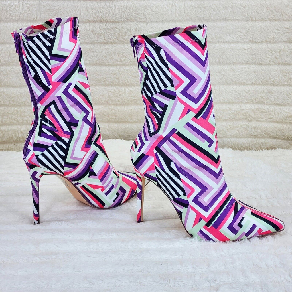 Odin Crazy Wild Color Pattern High Heel Stretch Fabric Ankle Boots - Purple Pink - Totally Wicked Footwear