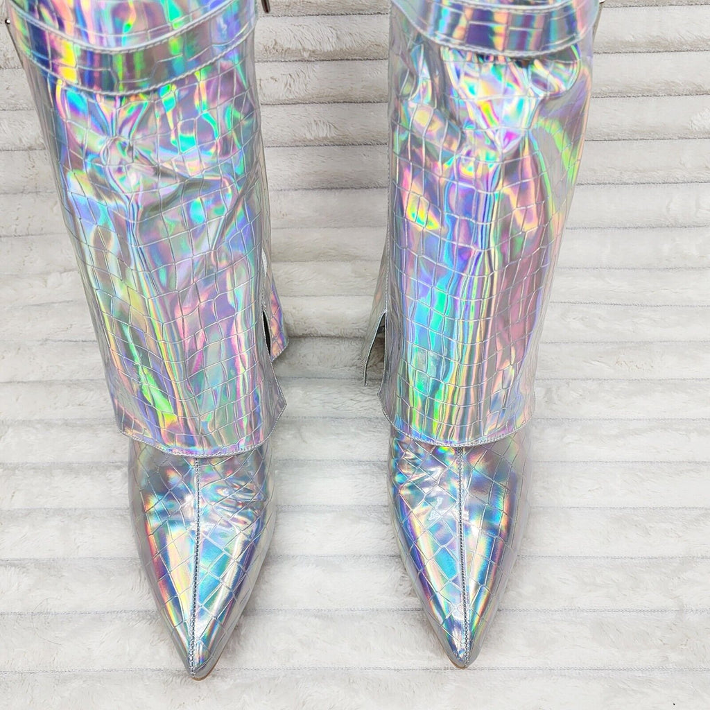 Vision Royal Silver Hologram Wedge Heel Fold Over Skirted Ankle Boots - Totally Wicked Footwear