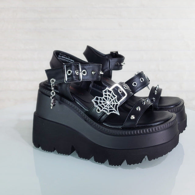 Shaker 13 Black Out Patent 4.5" Wedge Heel Gothic Sandals Studs And Charms NY - Totally Wicked Footwear