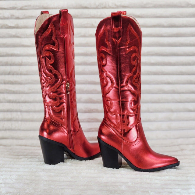 Electric Cowboy Brush Metallic Matte Western Knee High Cowgirl Boots Red - Totally Wicked Footwear