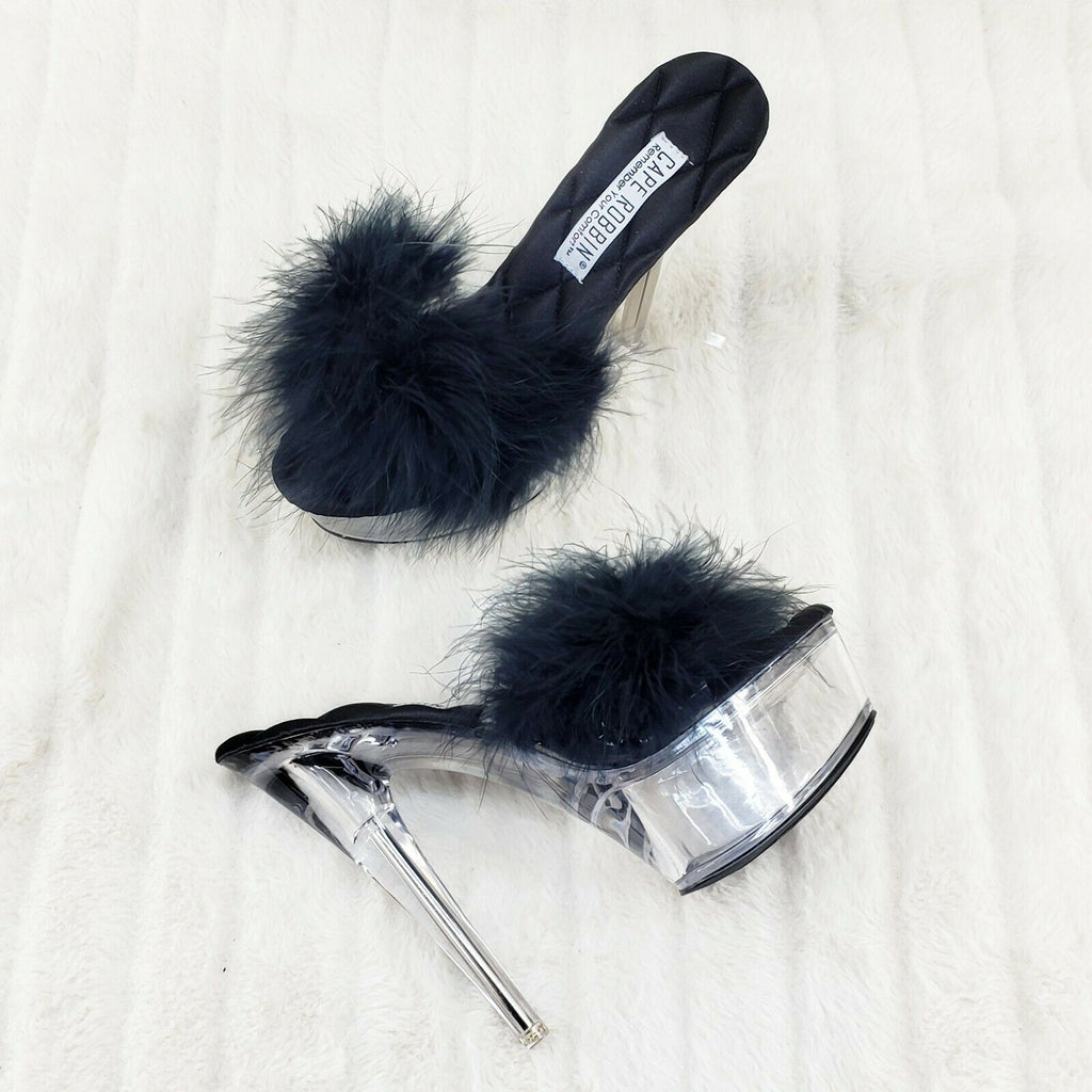 Maren Marabou Feather Slip On Platform Sandals 6" Stiletto Heel Shoes Black - Totally Wicked Footwear