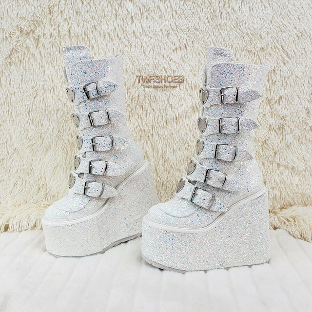 Swing 230G White Multi Glitter Mid Calf Boot 5.5" Platform Heart Strap 6-12 NY - Totally Wicked Footwear