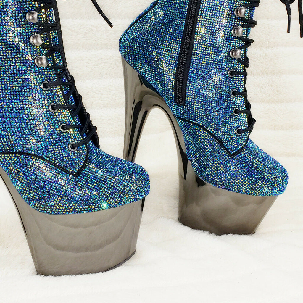 Adore 1020CHRS Teal Pewter Rhinestone 7" High Heel Platform Ankle Boots NY - Totally Wicked Footwear