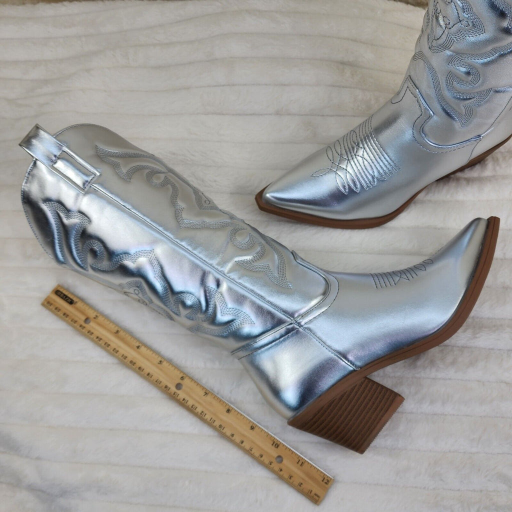 Disco Cowgirl Metallic Silver Cowboy Knee Boots Western Block Heels US Sizes - Totally Wicked Footwear