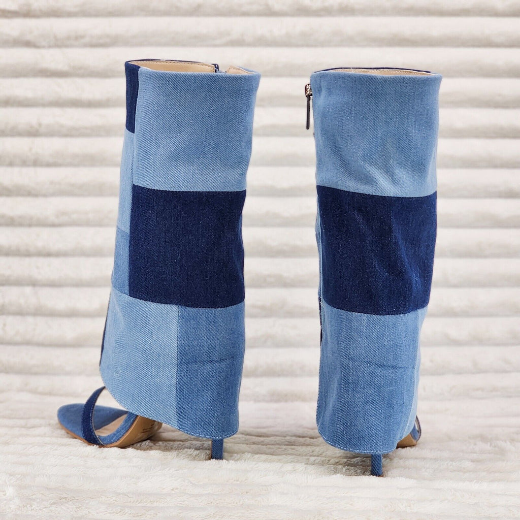 Paris Denim Patchwork Stiletto Fold Over Skirted Shootie Boot Sandals - Totally Wicked Footwear