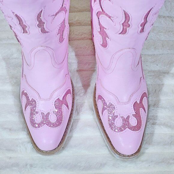 Dazzle Darlings Baby Pink Glitter Inset Cowboy Cowgirl Pull On Mid Calf Boots - Totally Wicked Footwear
