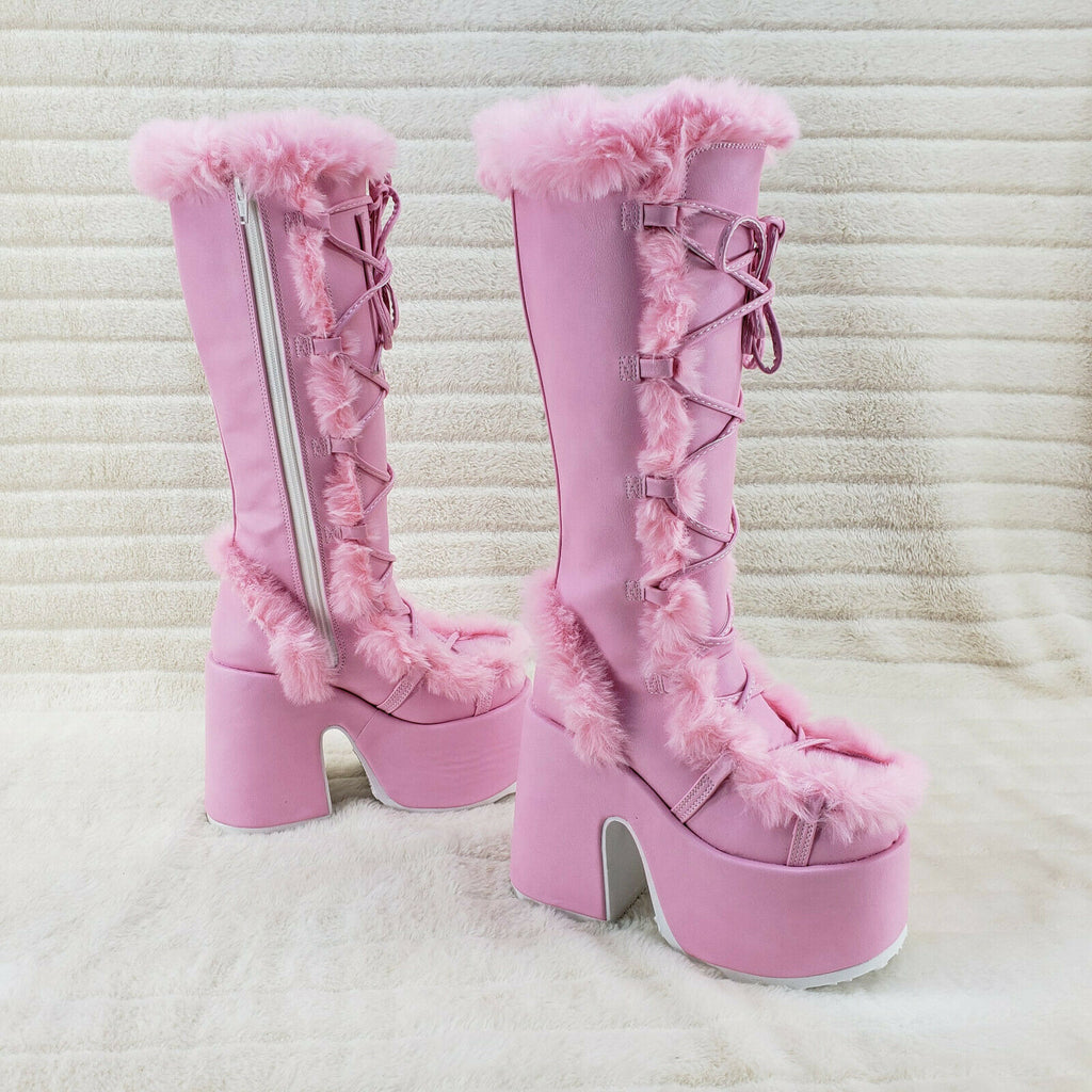 Camel 311 Stacked Baby Pink Stomper Platform Goth Punk Go Go Knee Boots In House - Totally Wicked Footwear