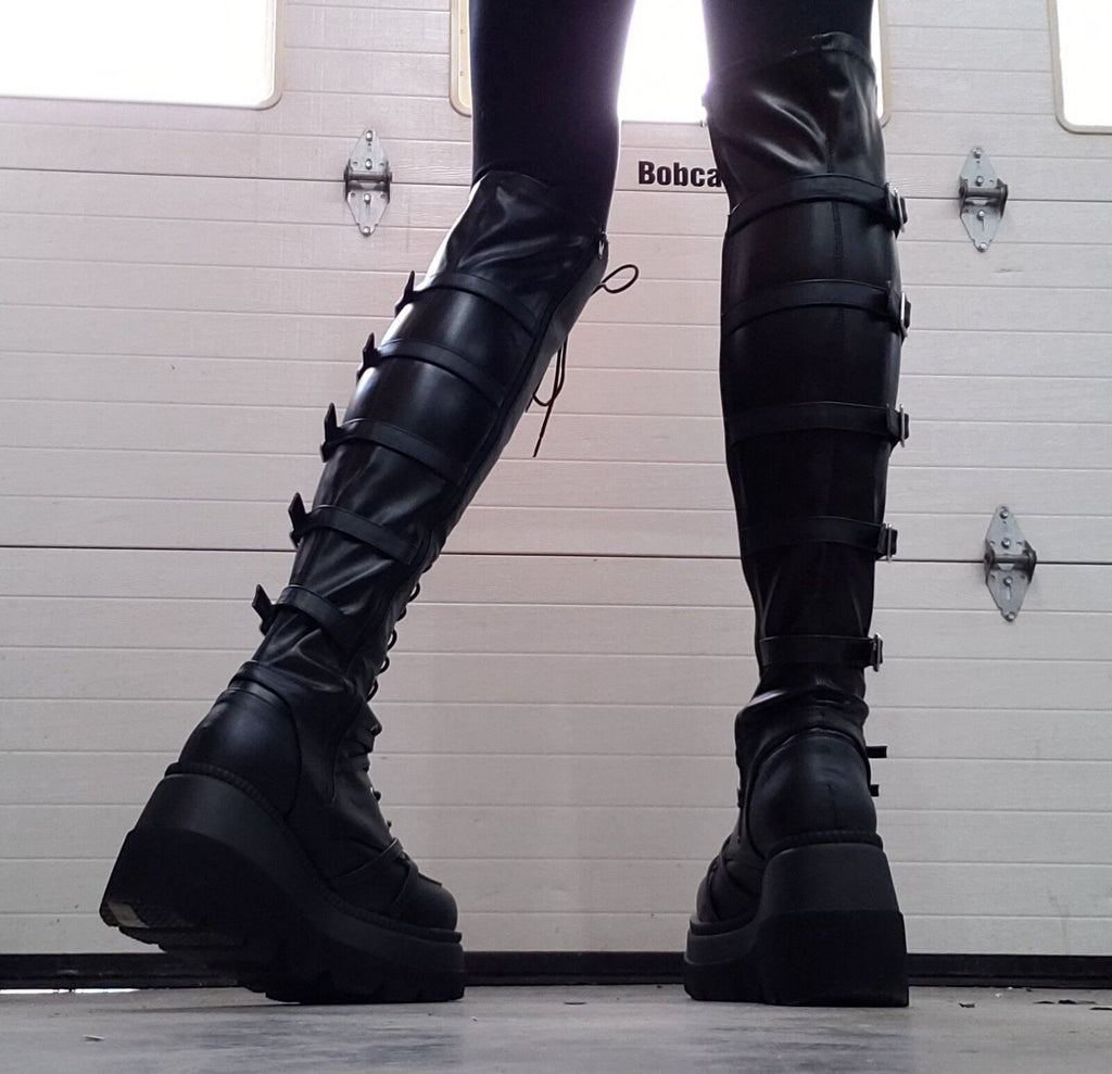 Shaker 350 Black Wide Platform 4.5" Wedge Heel Over The Knee Boots NY DEMONIA - Totally Wicked Footwear