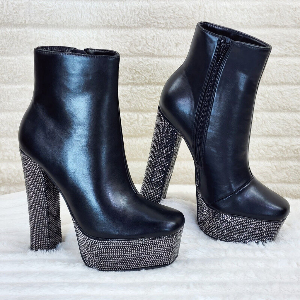 Nikki BLack Leatherette Rhinestone Platform Chunky Heel Ankle Boots - Totally Wicked Footwear