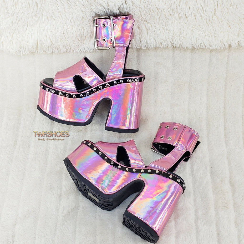 Demonia 102 Camel Stacked Pink Hologram Platform Sandals Goth Punk 6-12 NY - Totally Wicked Footwear