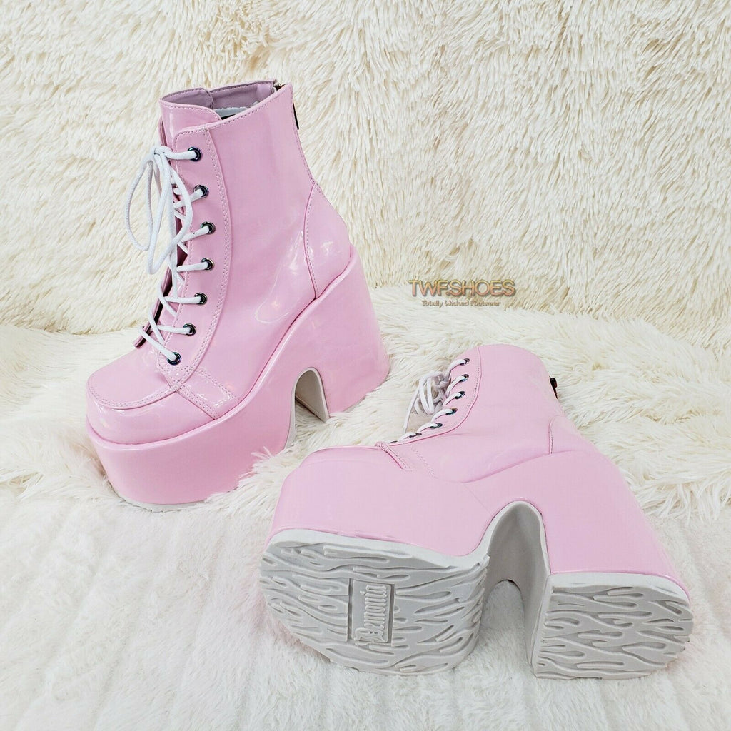 Demonia 203 Camel Stacked Pink Patent Platform Goth Punk Ankle Boots 6-12 NY - Totally Wicked Footwear