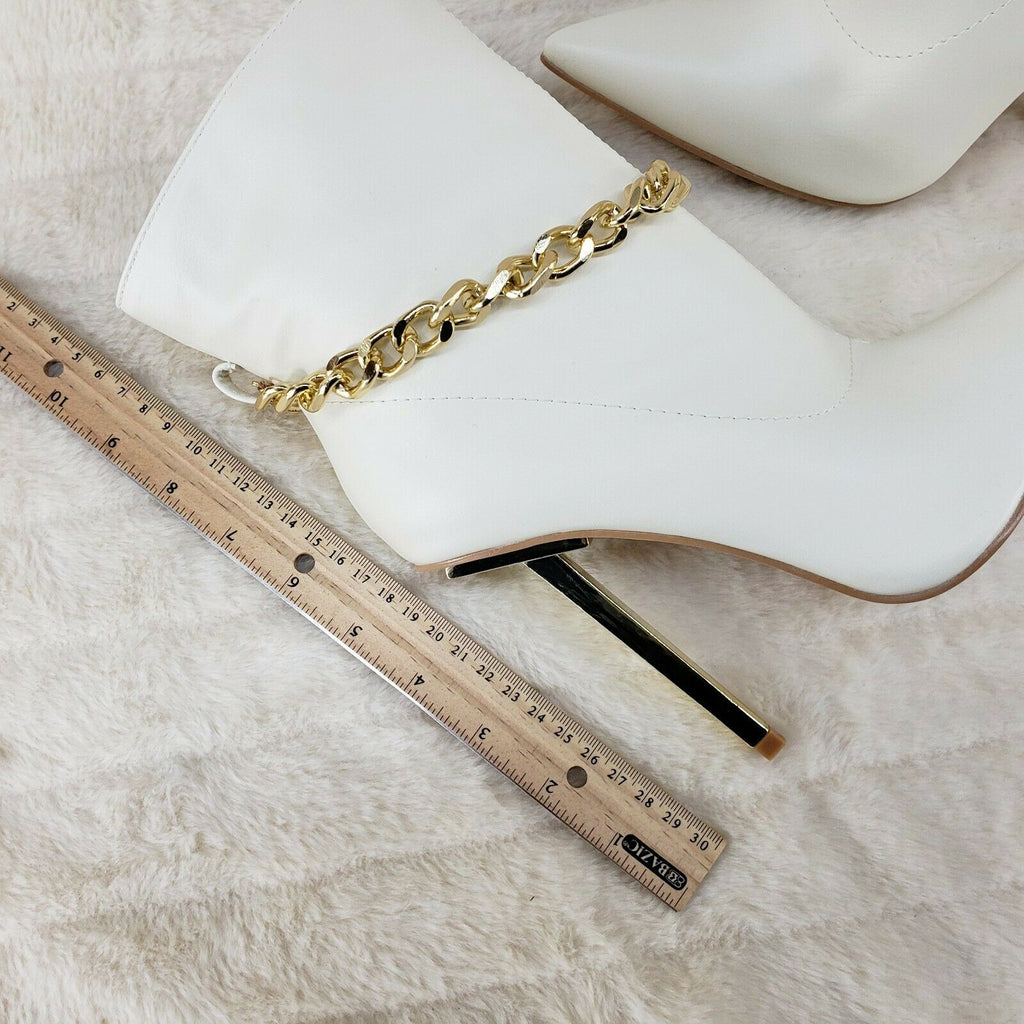 Venomous White Pointy Toe Spike Stiletto Heel Ankle Boots Gold Tone Chain - Totally Wicked Footwear