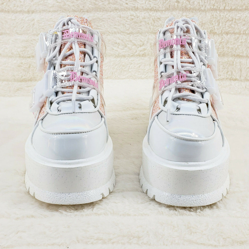 Slacker 50 White Pink Glitter Platform Sneaker Ankle Boots - Totally Wicked Footwear