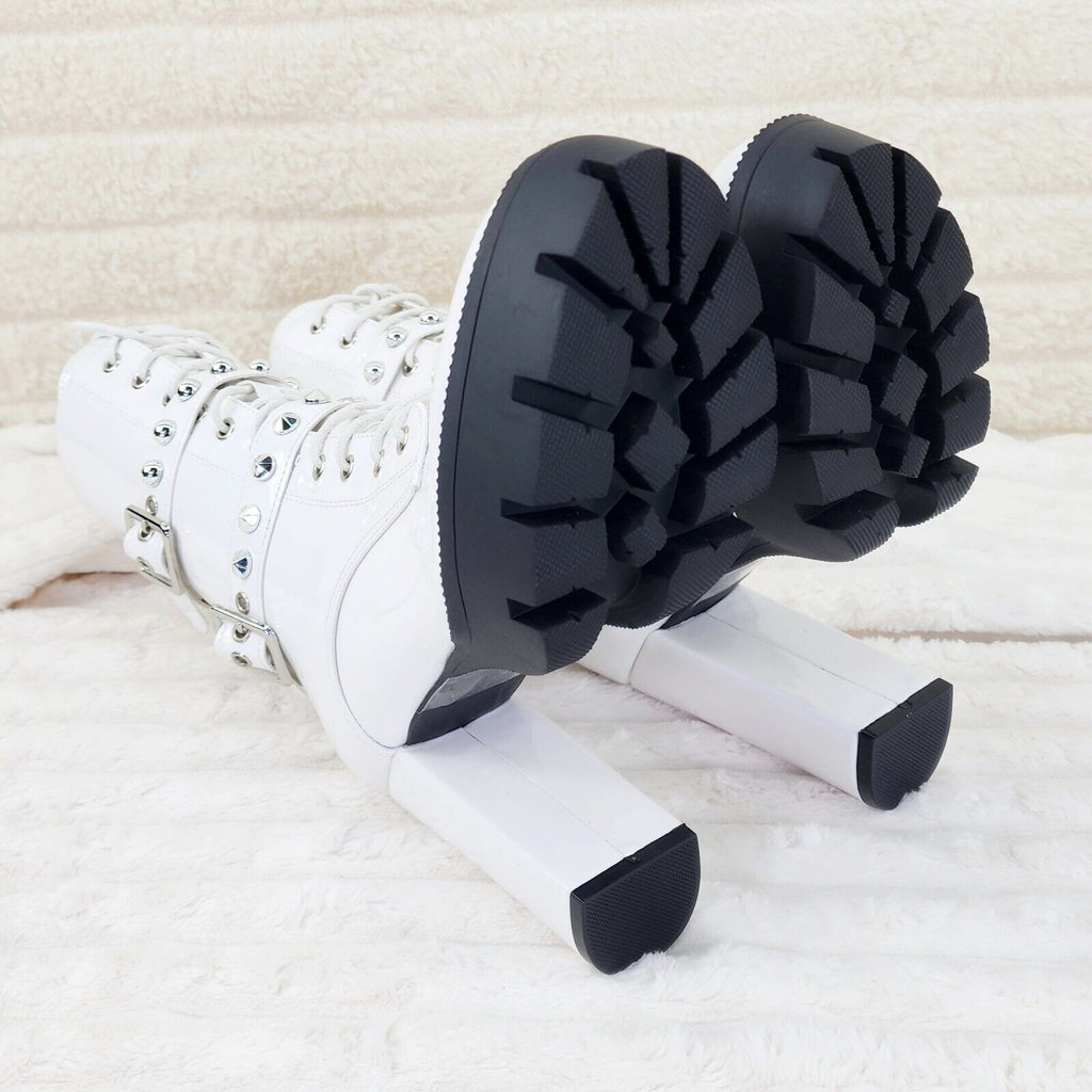 Bright White Patent Lug Sole Studded Strap Ankle Boots Temptress - Totally Wicked Footwear