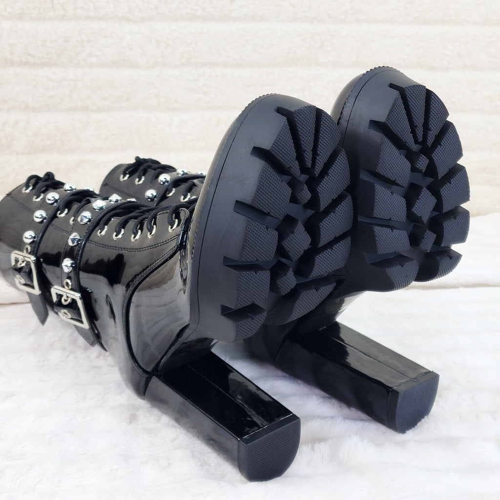Shiney Black Patent Lug Sole Studded Strap Ankle Boots Temptress - Totally Wicked Footwear