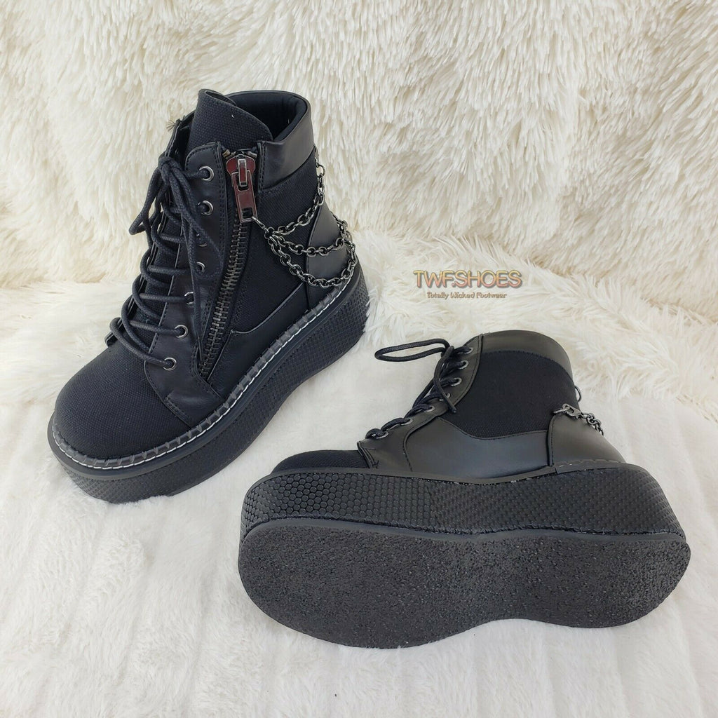 Demonia Emily 114 Black Canvas Chain 2" Platform Punk Goth Ankle Boots NY - Totally Wicked Footwear