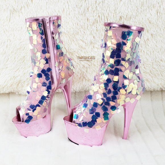 Delight 1031SQ Pink Opal Sequin Ankle Boot 7" High Heel Shoe Sizes 11 & 12 NY - Totally Wicked Footwear