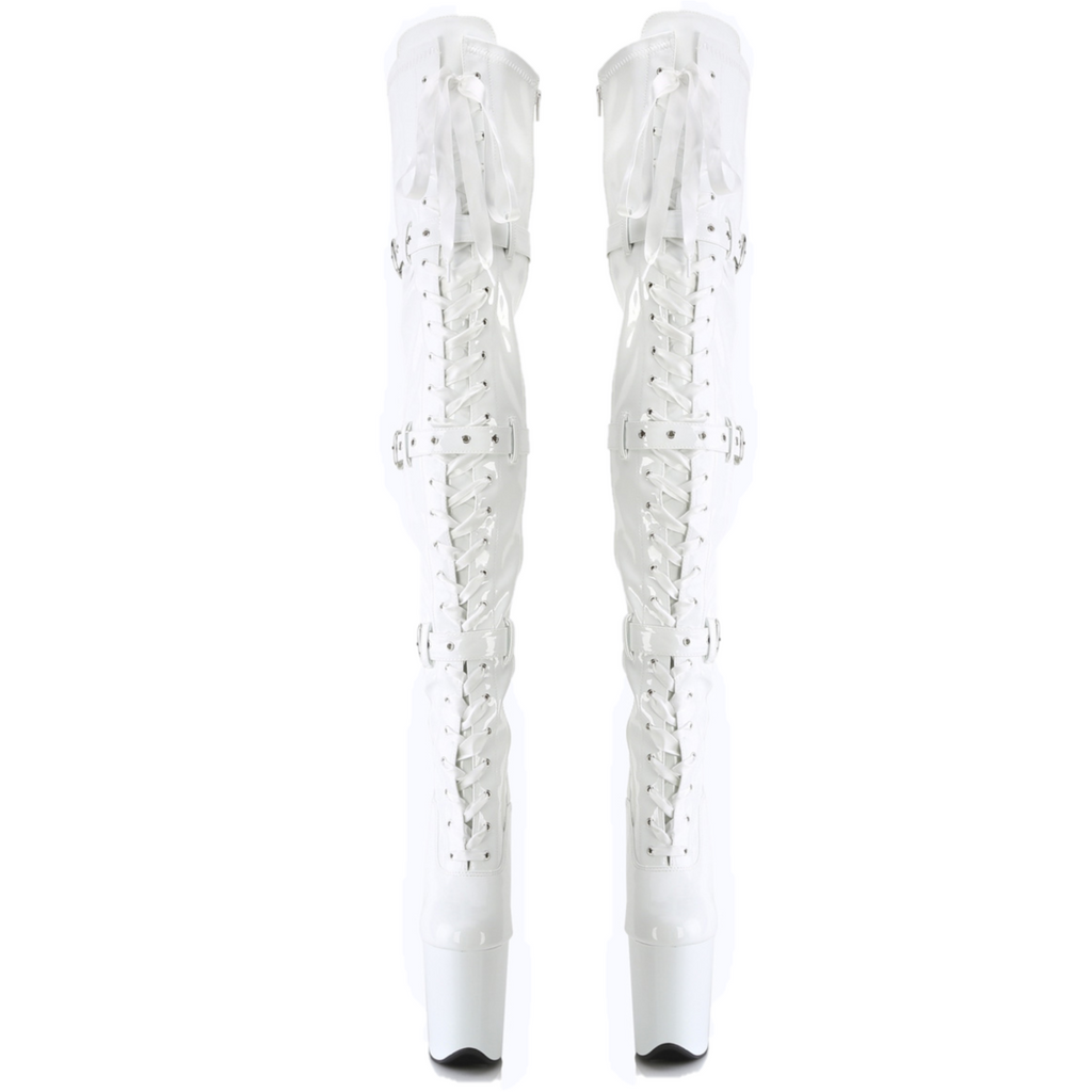 Flamingo 3028 Triple Buckle Thigh High Platform Torment Boot White Patent NY - Totally Wicked Footwear
