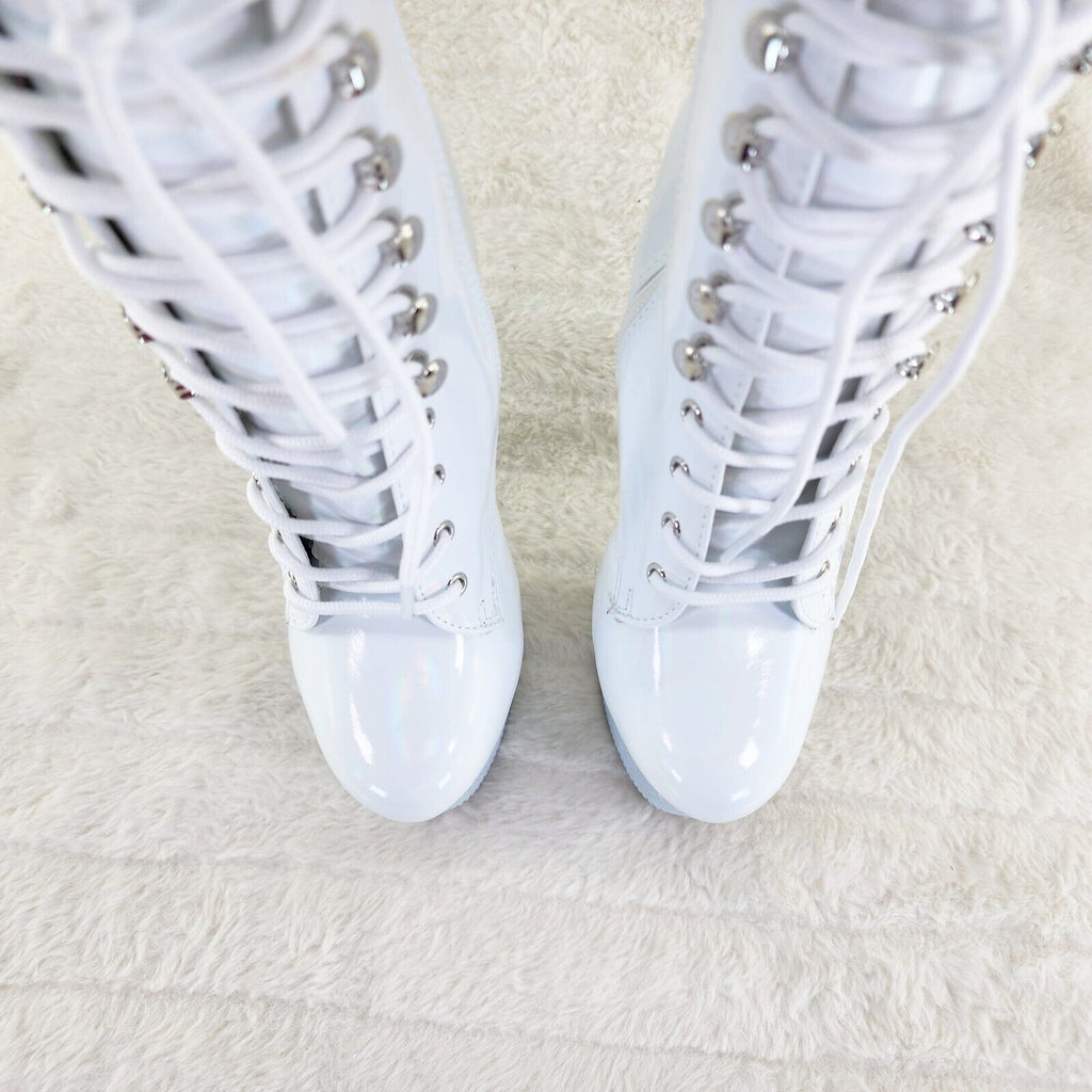 Bejeweled White Rhinestone Platform Lace Up Ankle Boots 7" High Heels IN HOUSE - Totally Wicked Footwear