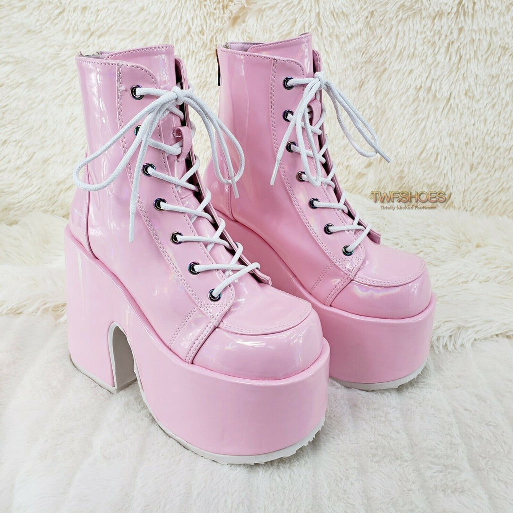 Demonia 203 Camel Stacked Pink Patent Platform Goth Punk Ankle Boots 6-12 NY - Totally Wicked Footwear